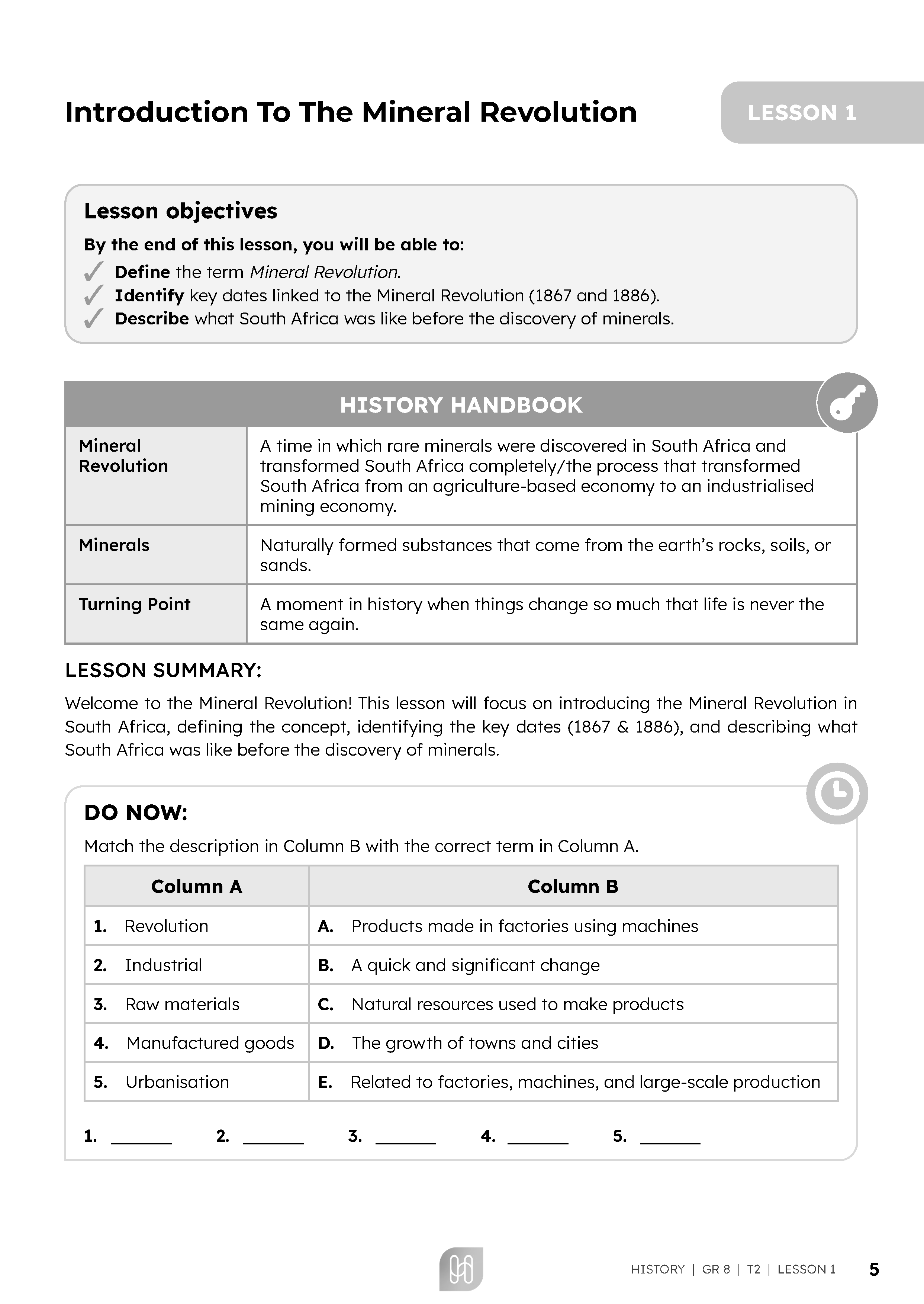 Sample History learner workbook page