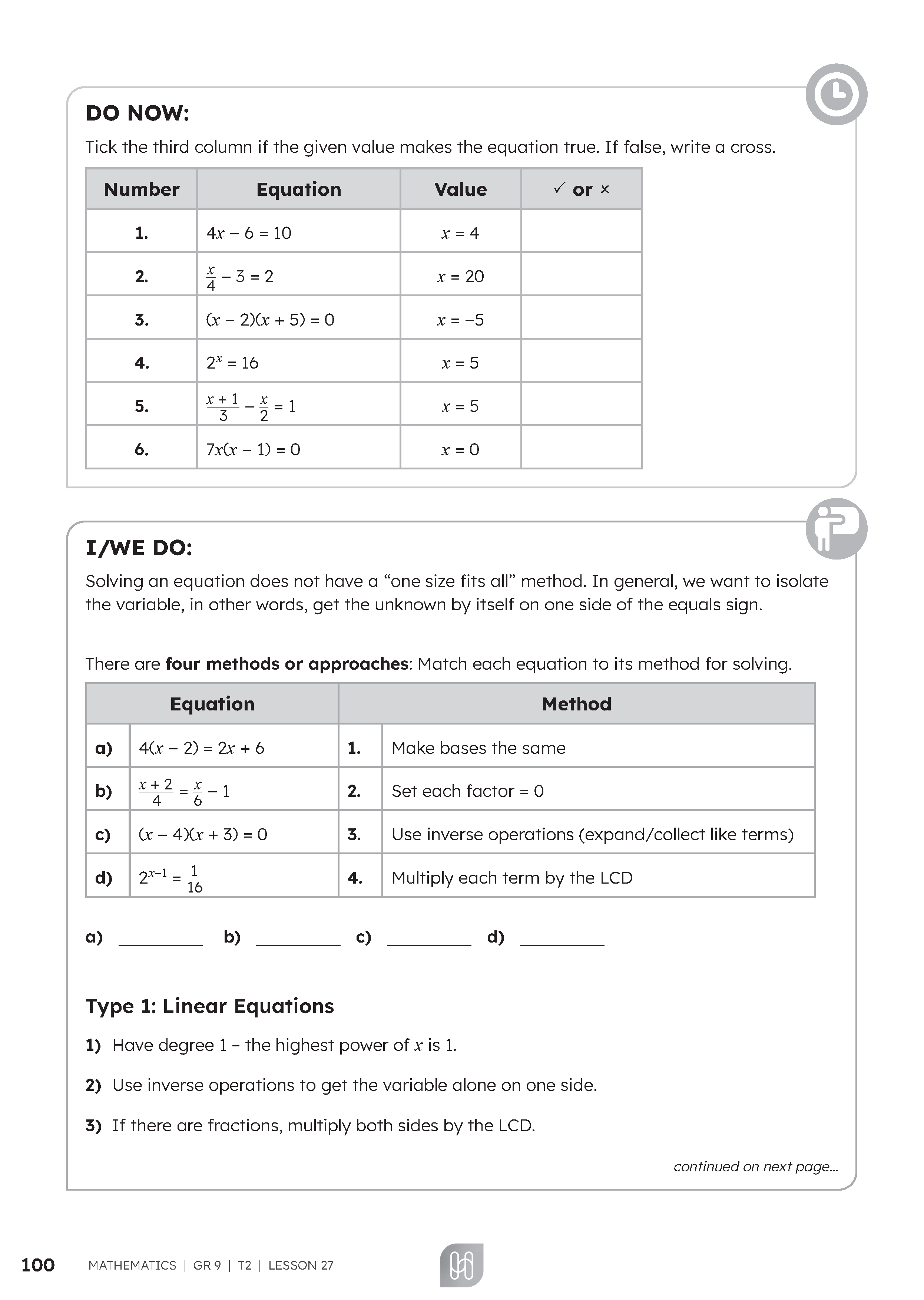 Sample Mathematics learner workbook page